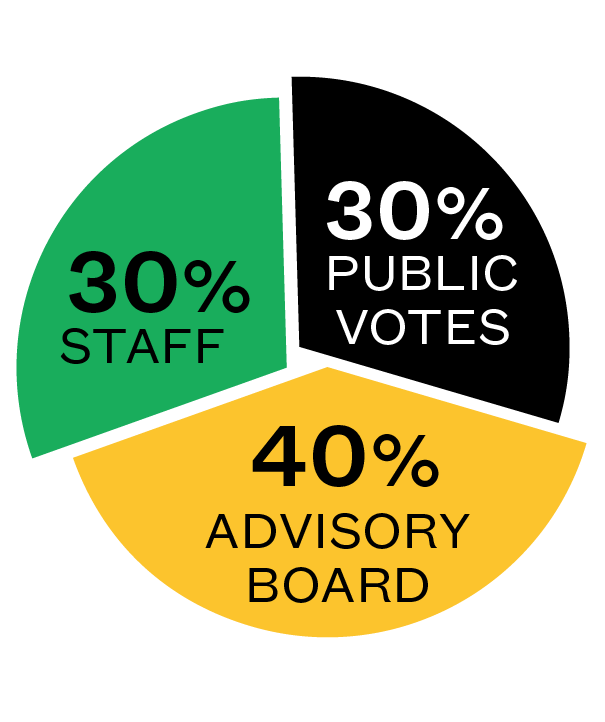 Pie chart: 30% staff, 30% public votes, 40% advisory board
